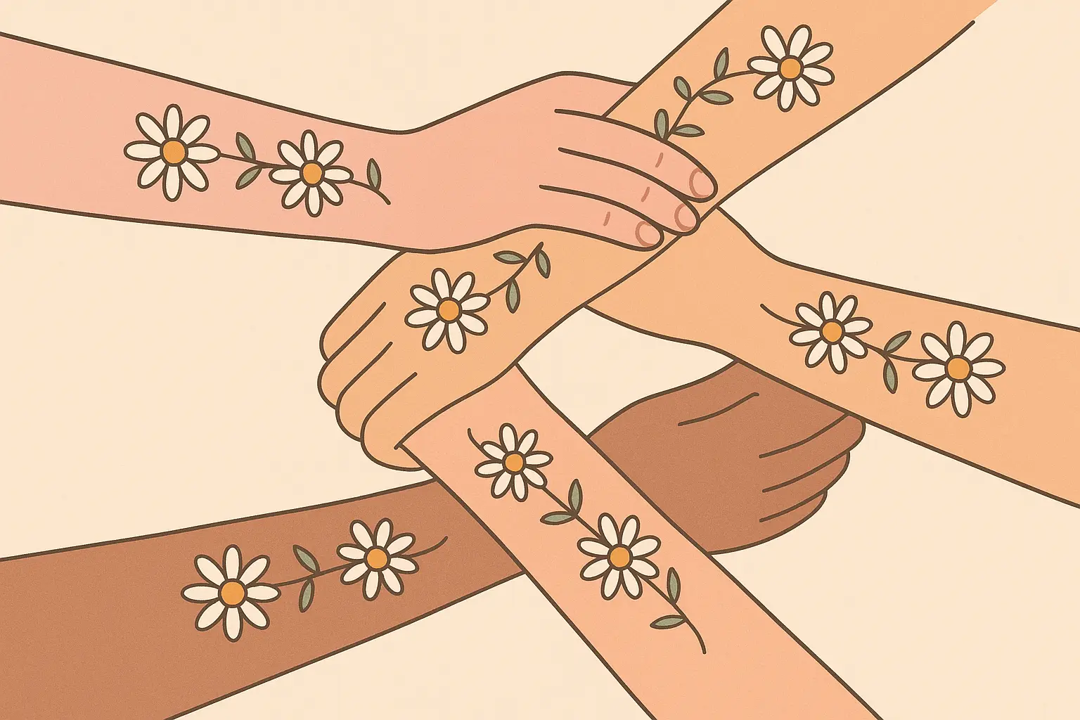 Matching daisy chain tattoos representing therapy group bonds