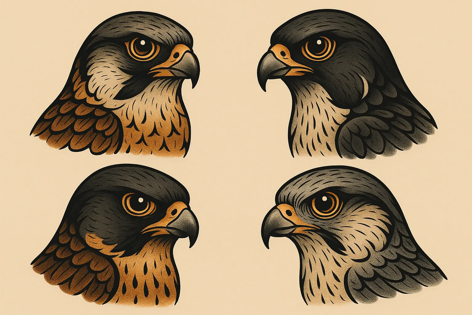 Realistic falcon portrait tattoo showing detailed feather work