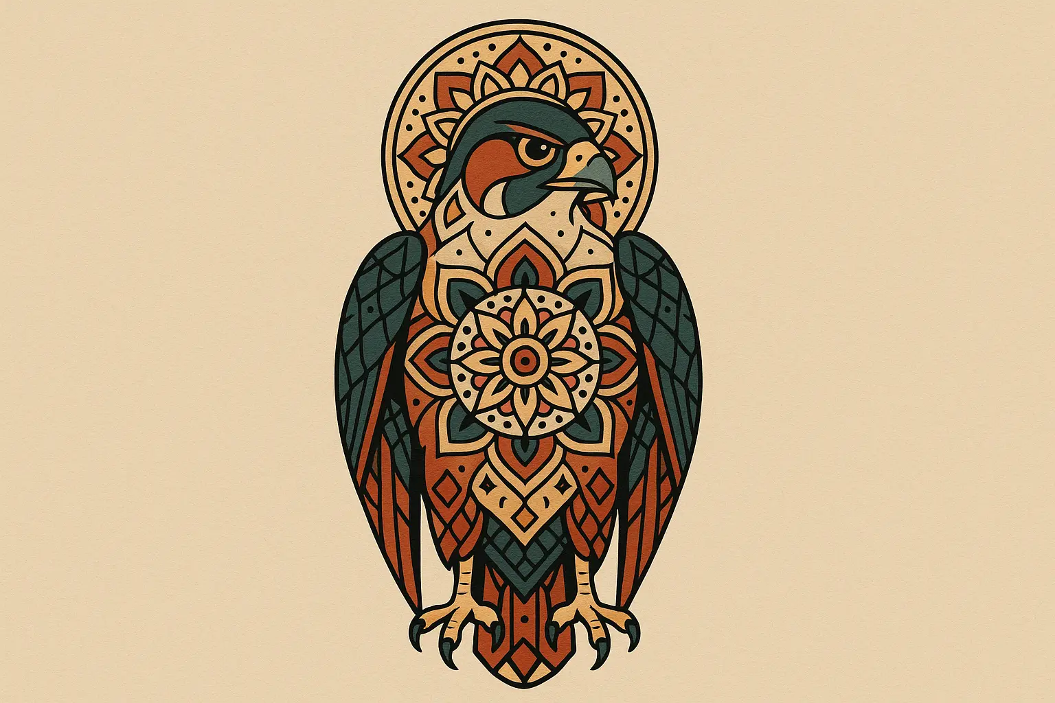 Neo-traditional falcon tattoo with geometric patterns