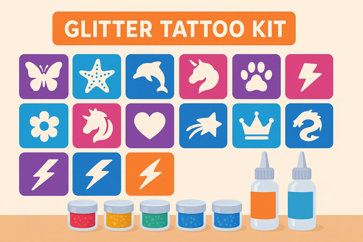 Various glitter tattoo kits displayed with colorful stencils and supplies