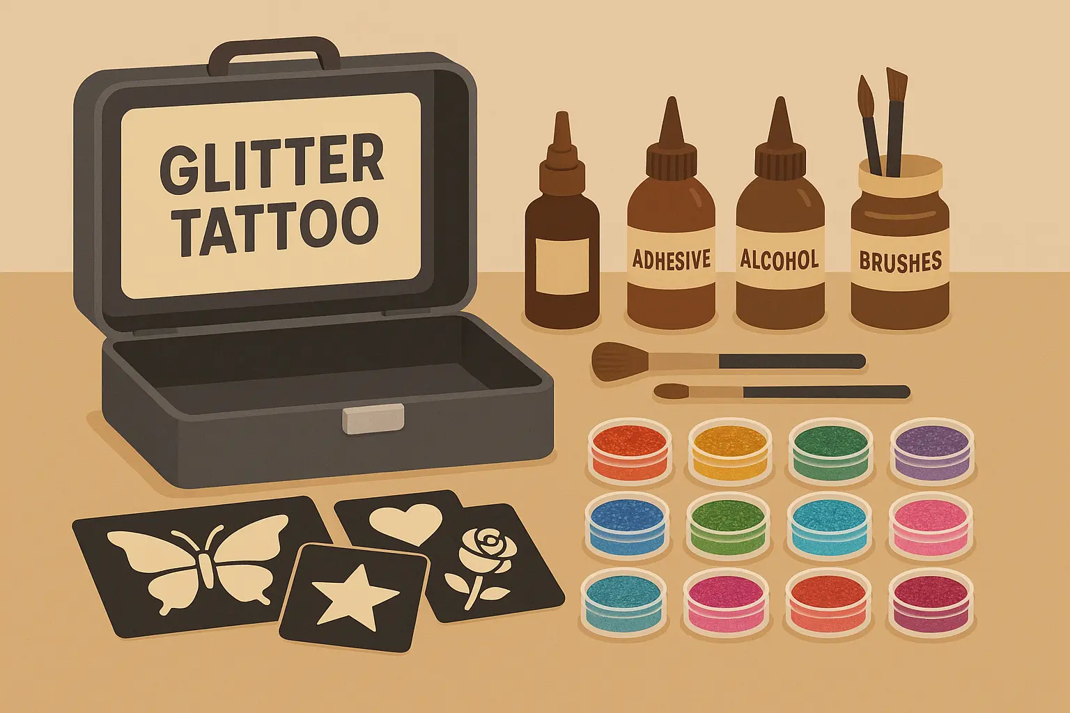 Professional glitter tattoo kit with organized supplies and business materials