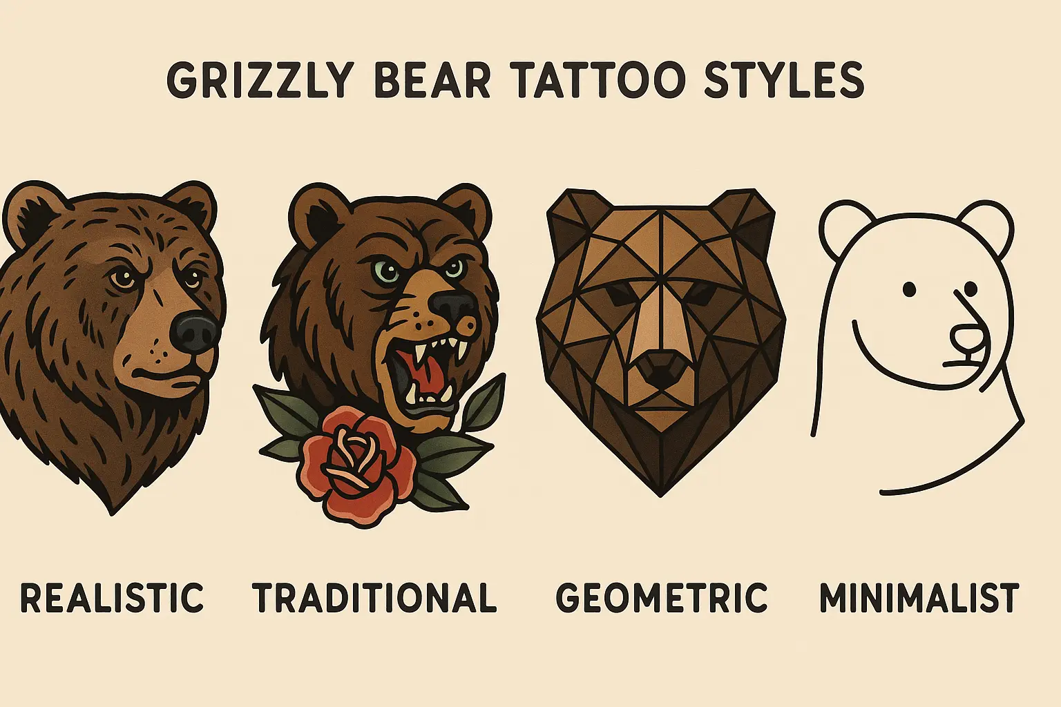 Comparison of different grizzly bear tattoo styles
