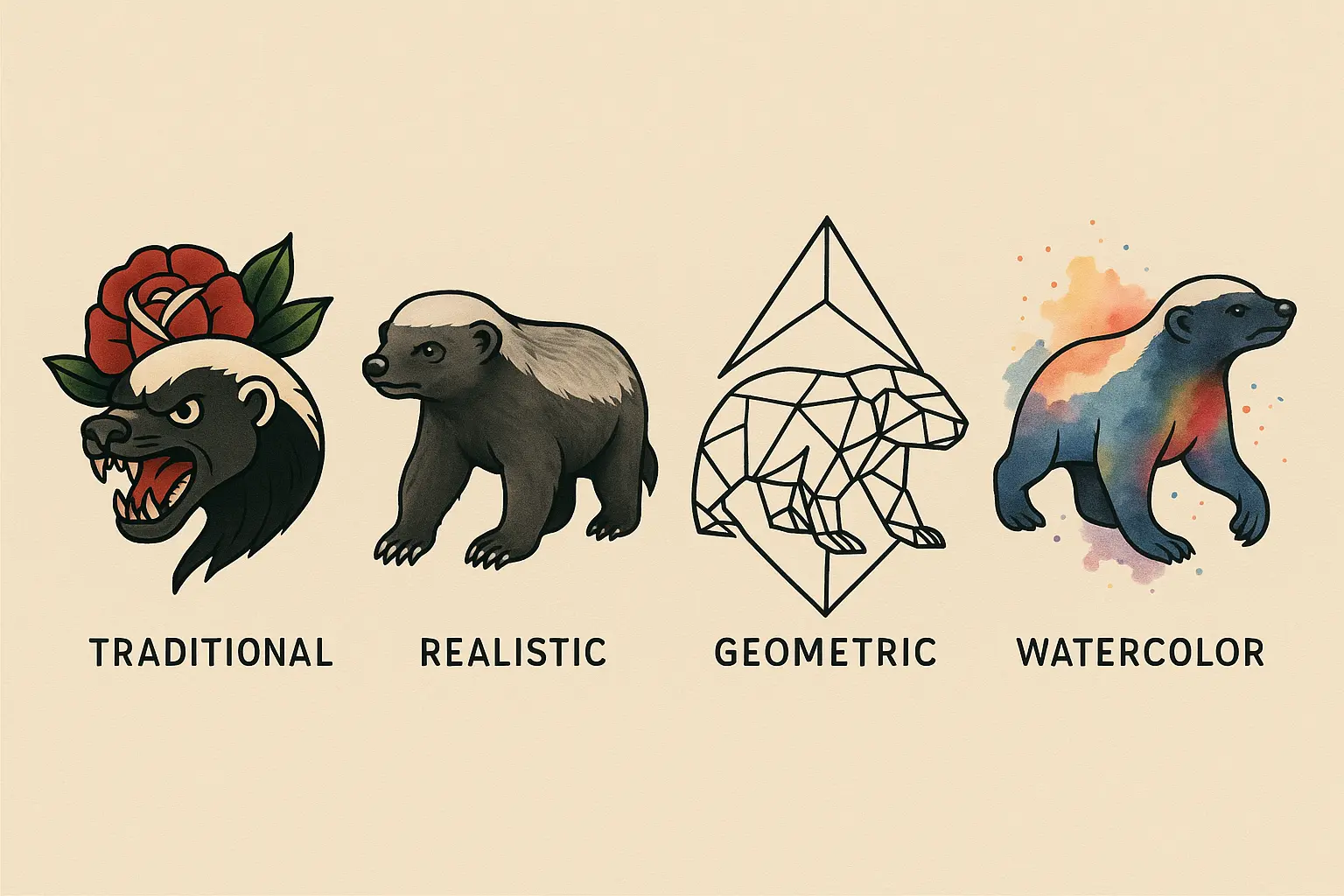 Various honey badger tattoo artistic styles comparison