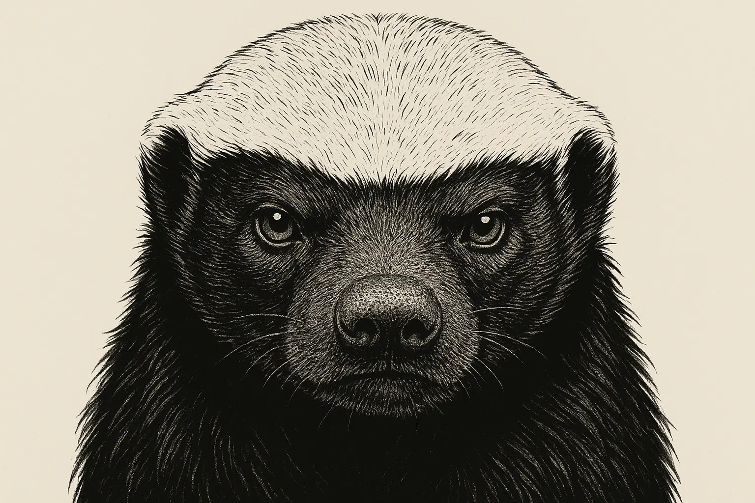 Photorealistic honey badger face tattoo portrait