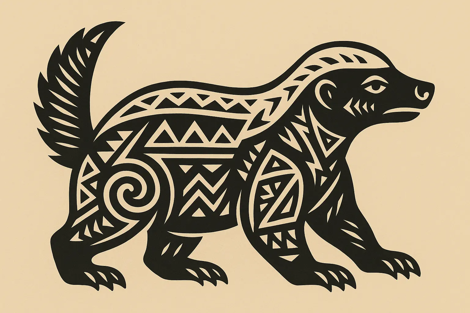 Tribal honey badger tattoo with traditional patterns