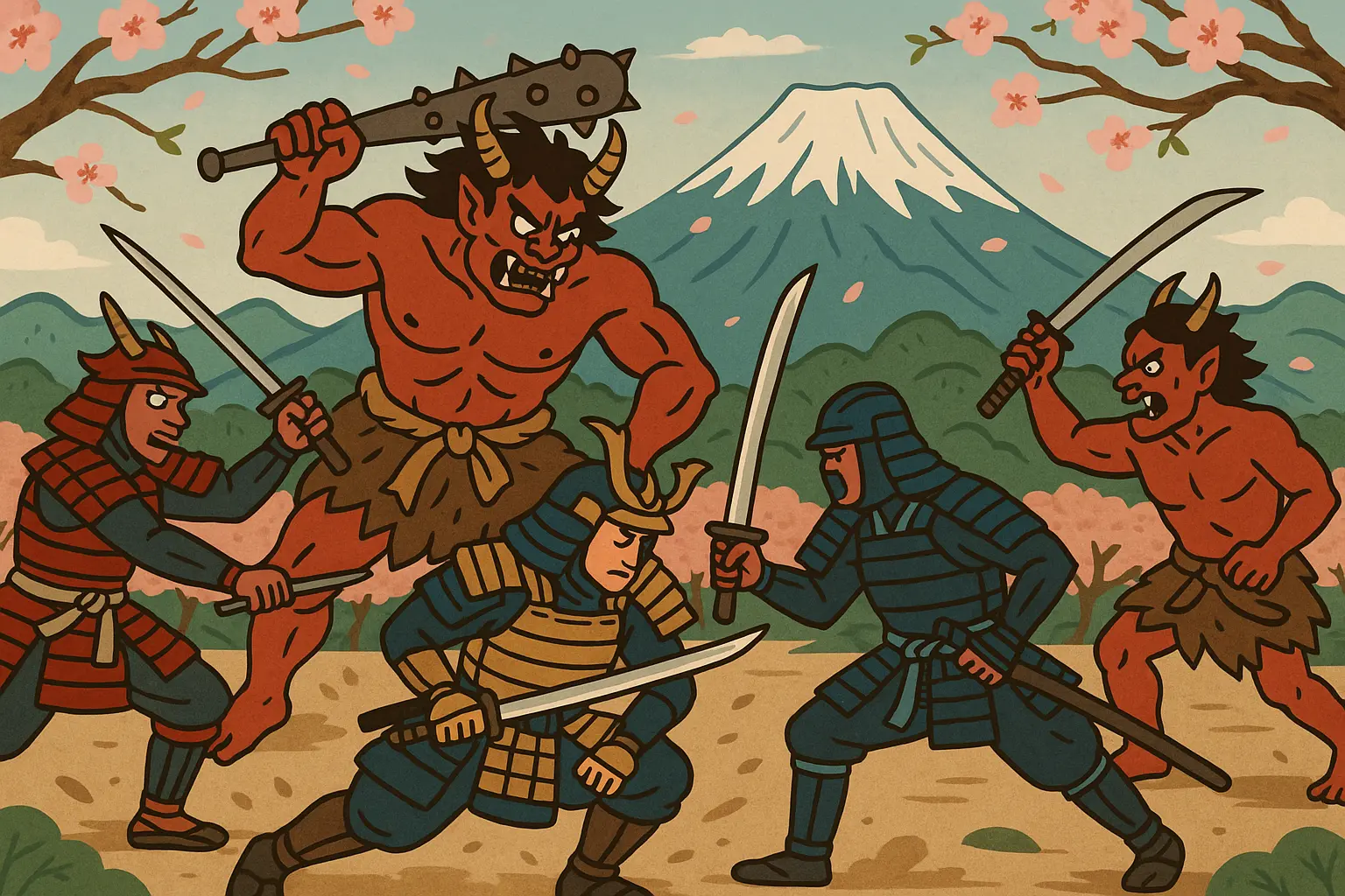 Full sleeve oni battle scene tattoo design