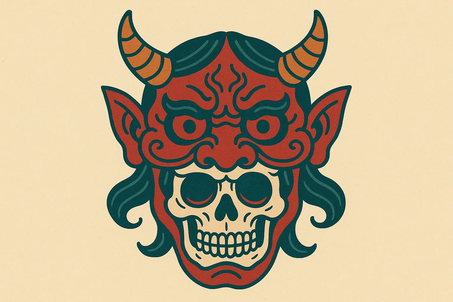 Oni-skull hybrid fusion tattoo design