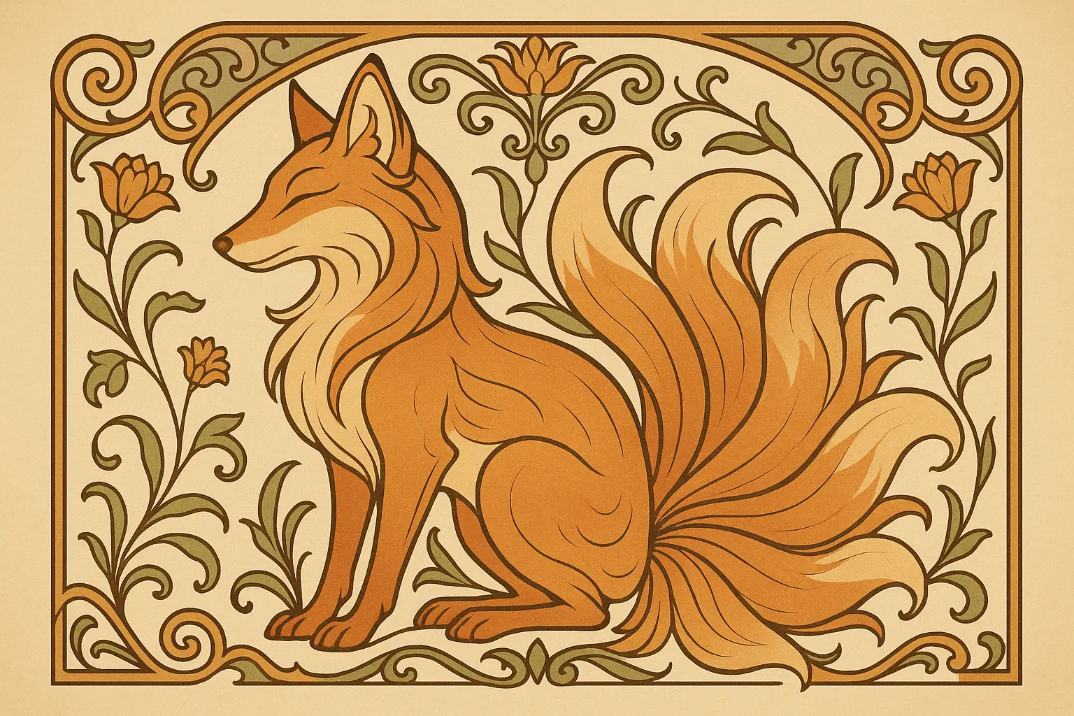 Art Nouveau kitsune tattoo design