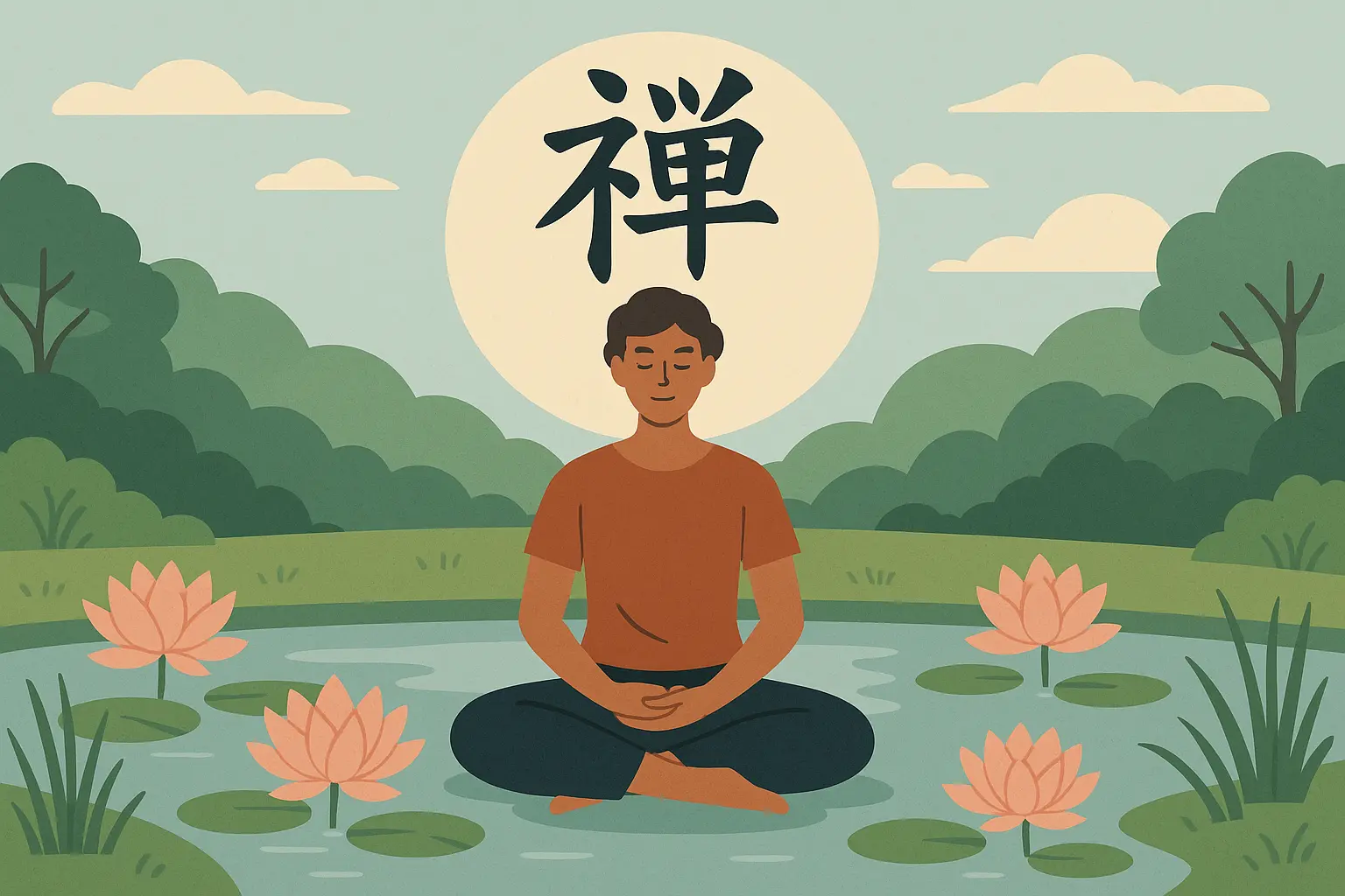 Spiritual and mindfulness kanji characters in meditation setting