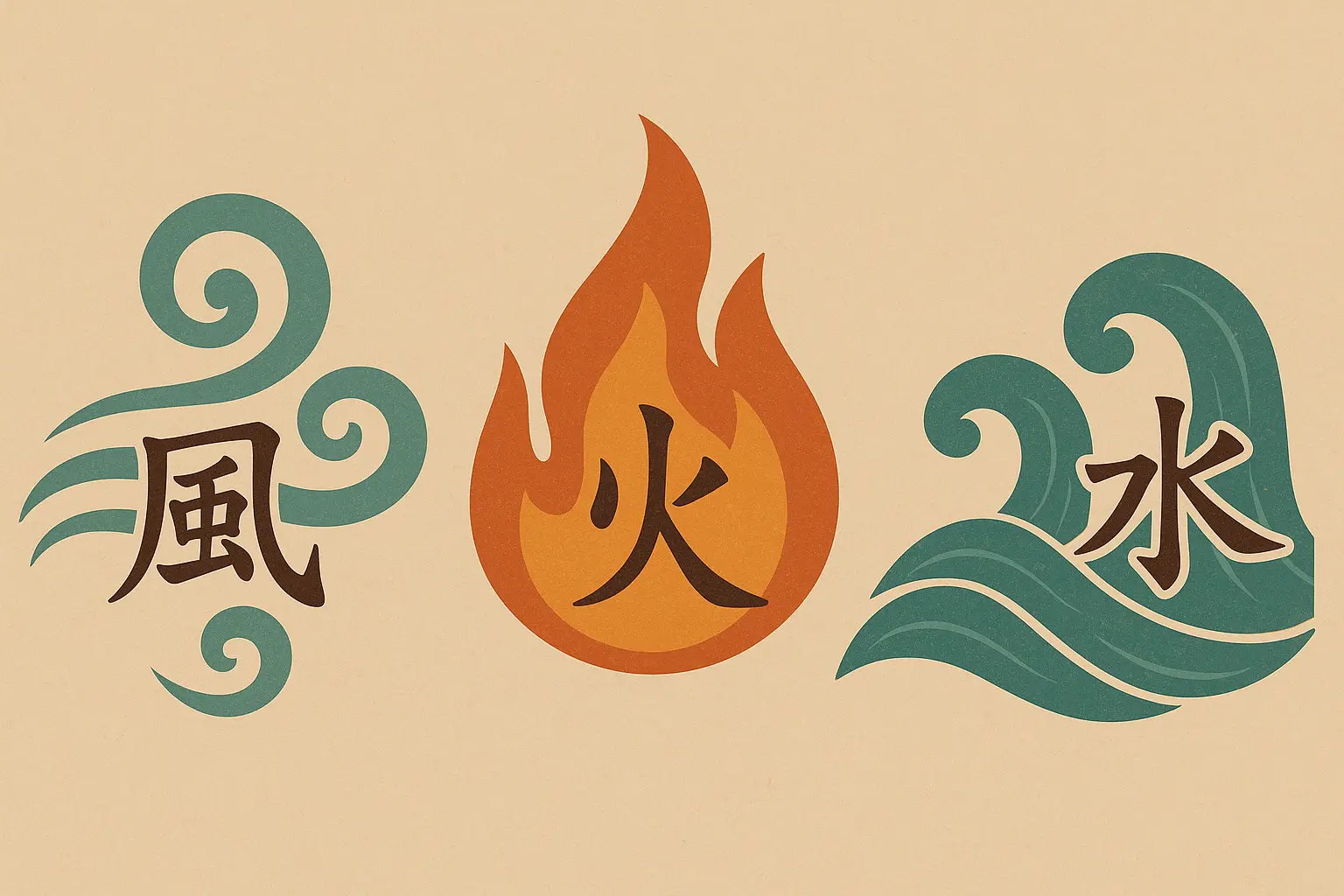 Nature and elements kanji symbols with natural backgrounds