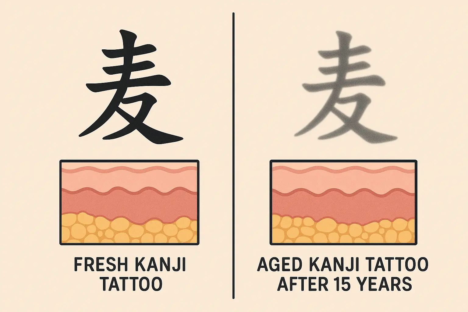 Kanji tattoo placement guide with body diagrams