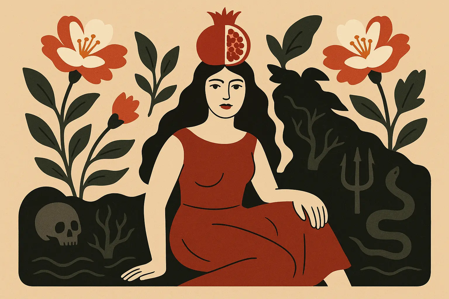 Persephone tattoo design with pomegranates and flowers