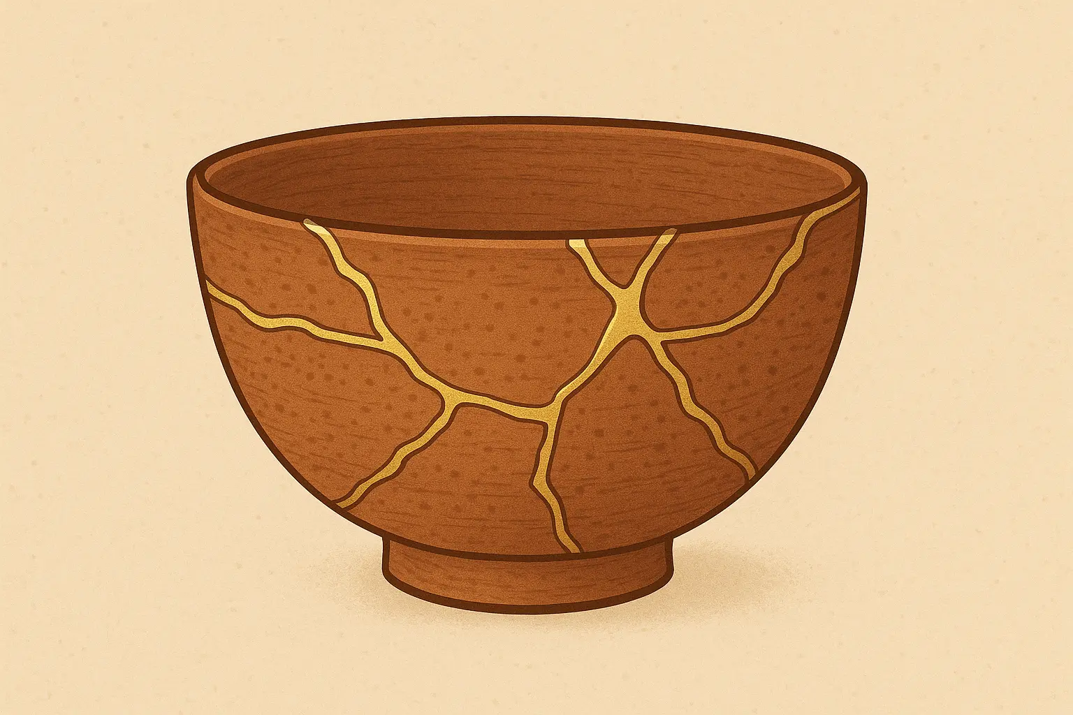 Traditional ceramic bowl with golden kintsugi repair lines