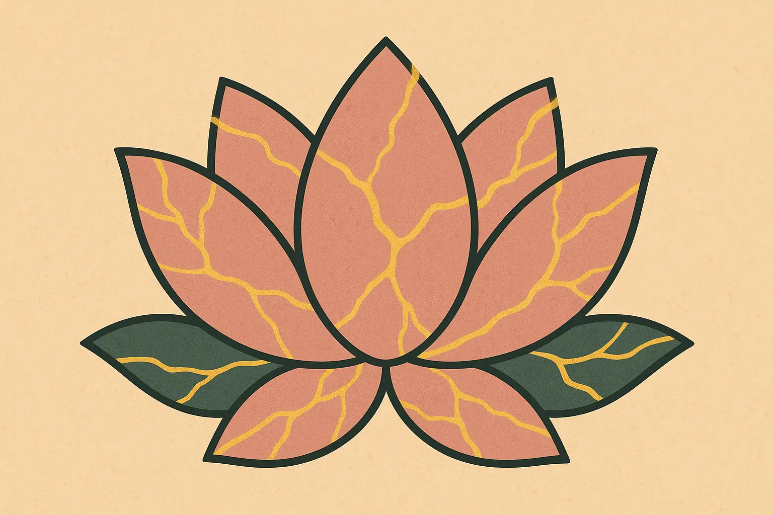 Lotus flower with golden kintsugi crack patterns on petals