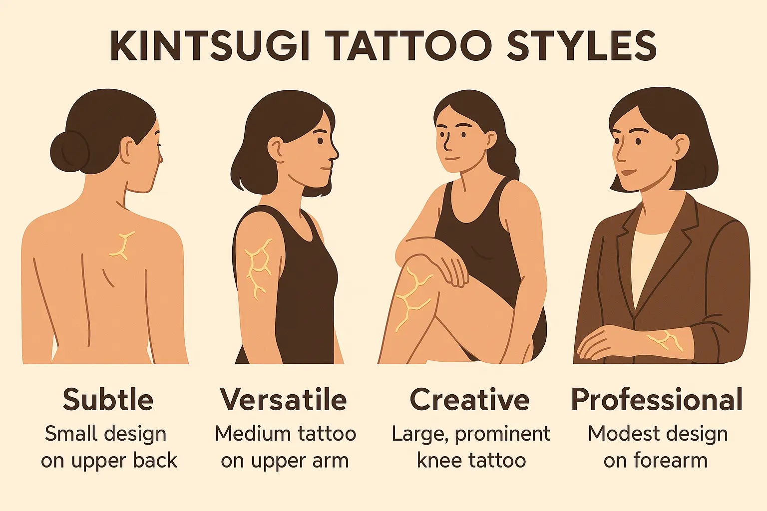 Various kintsugi tattoo designs showing different lifestyle approaches