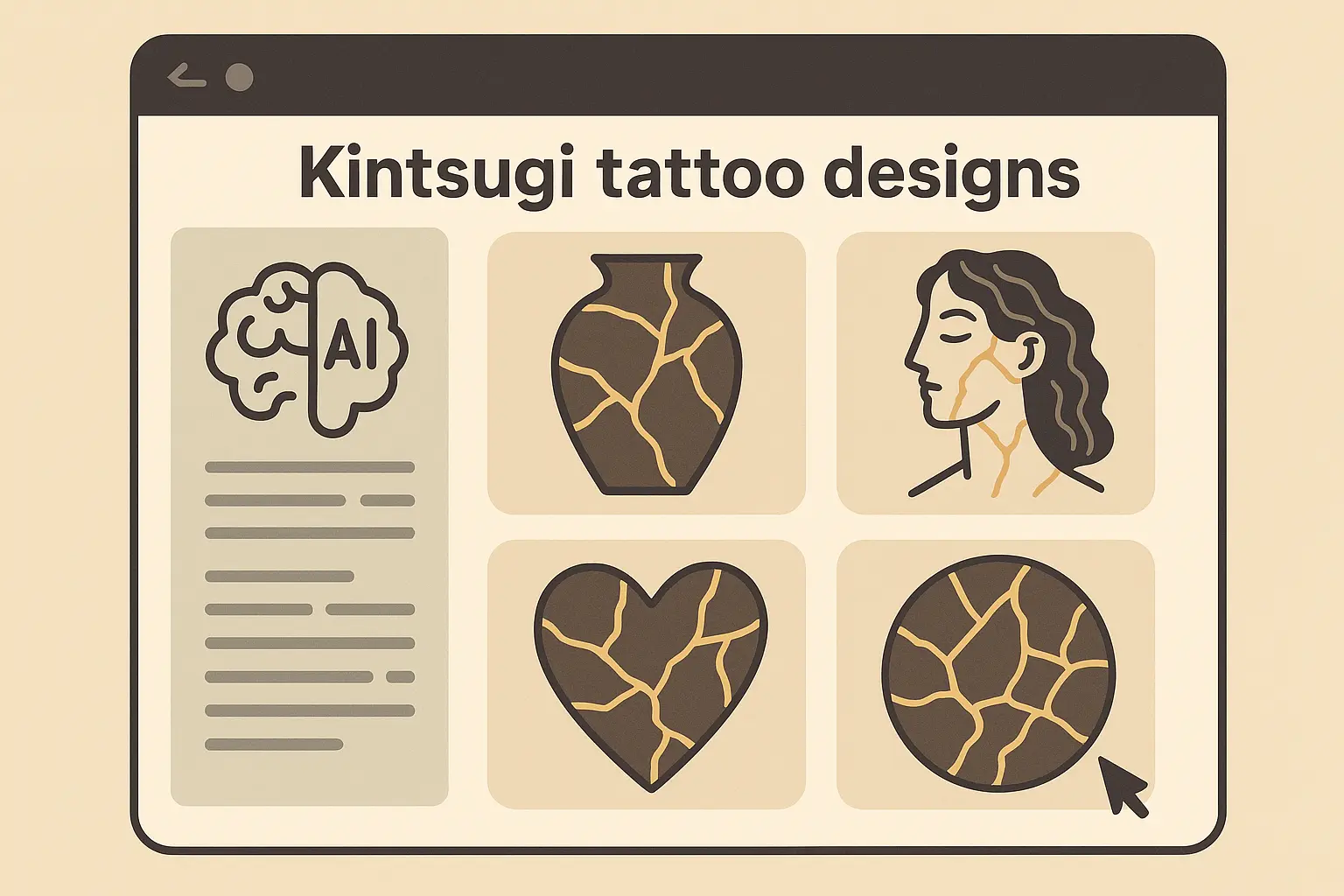 AI-generated kintsugi tattoo design variations on digital platform