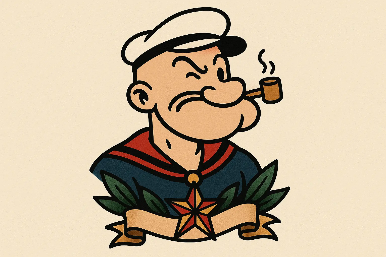 Traditional American style Popeye tattoo with bold lines and classic sailor elements
