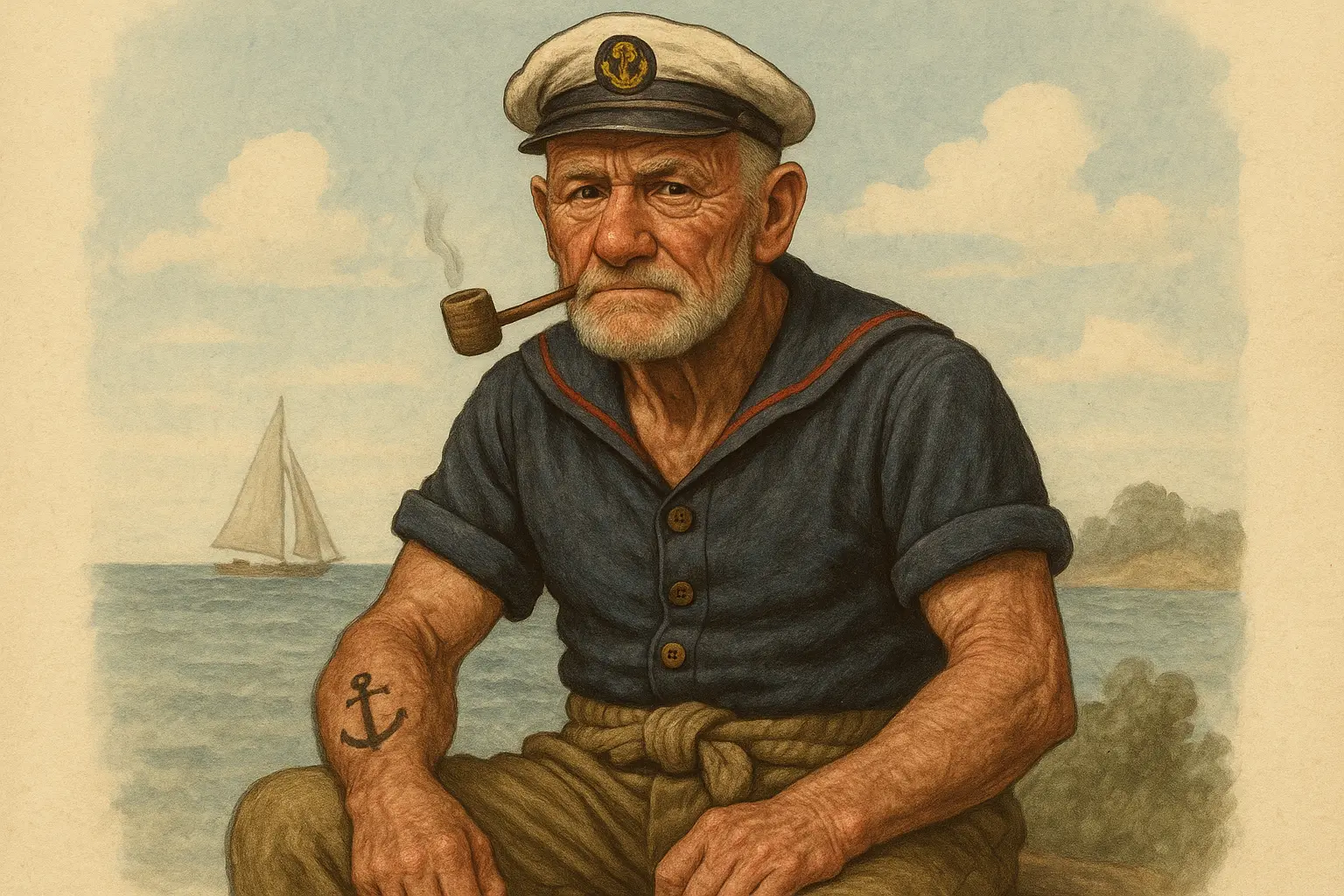 Realistic Popeye portrait tattoo showing detailed facial features and authentic sailor clothing