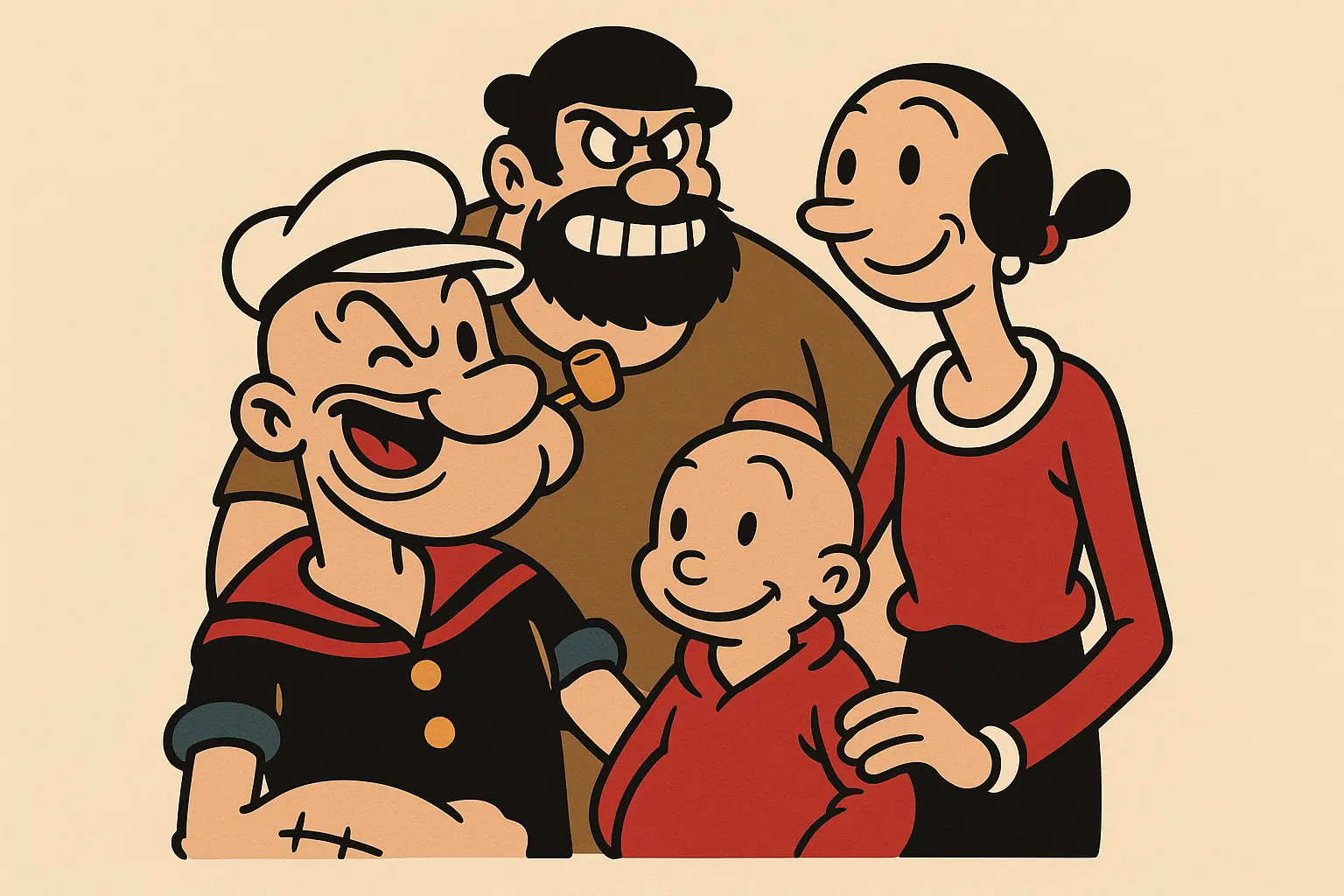 Popeye tattoo design featuring multiple characters including Olive Oyl and supporting cast