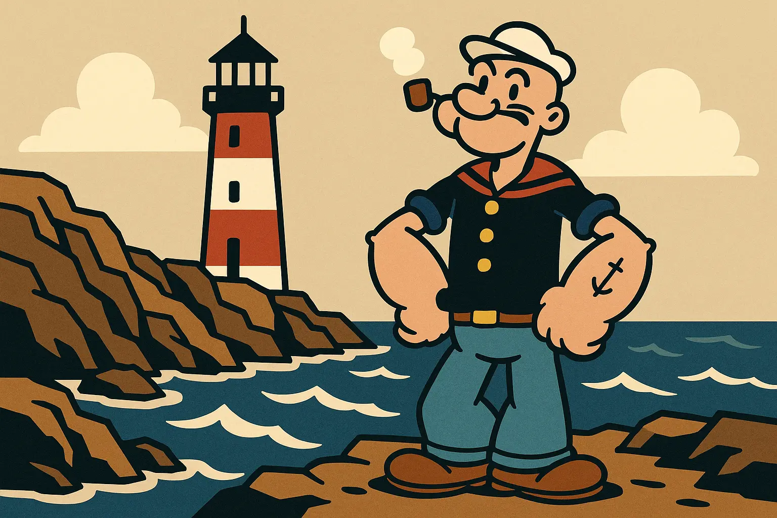 Nautical Popeye tattoo with lighthouse and maritime elements