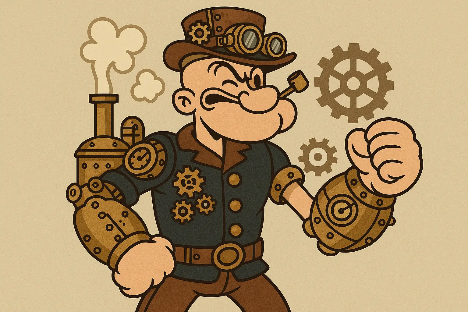 Steampunk-style Popeye tattoo with mechanical gears and Victorian industrial elements