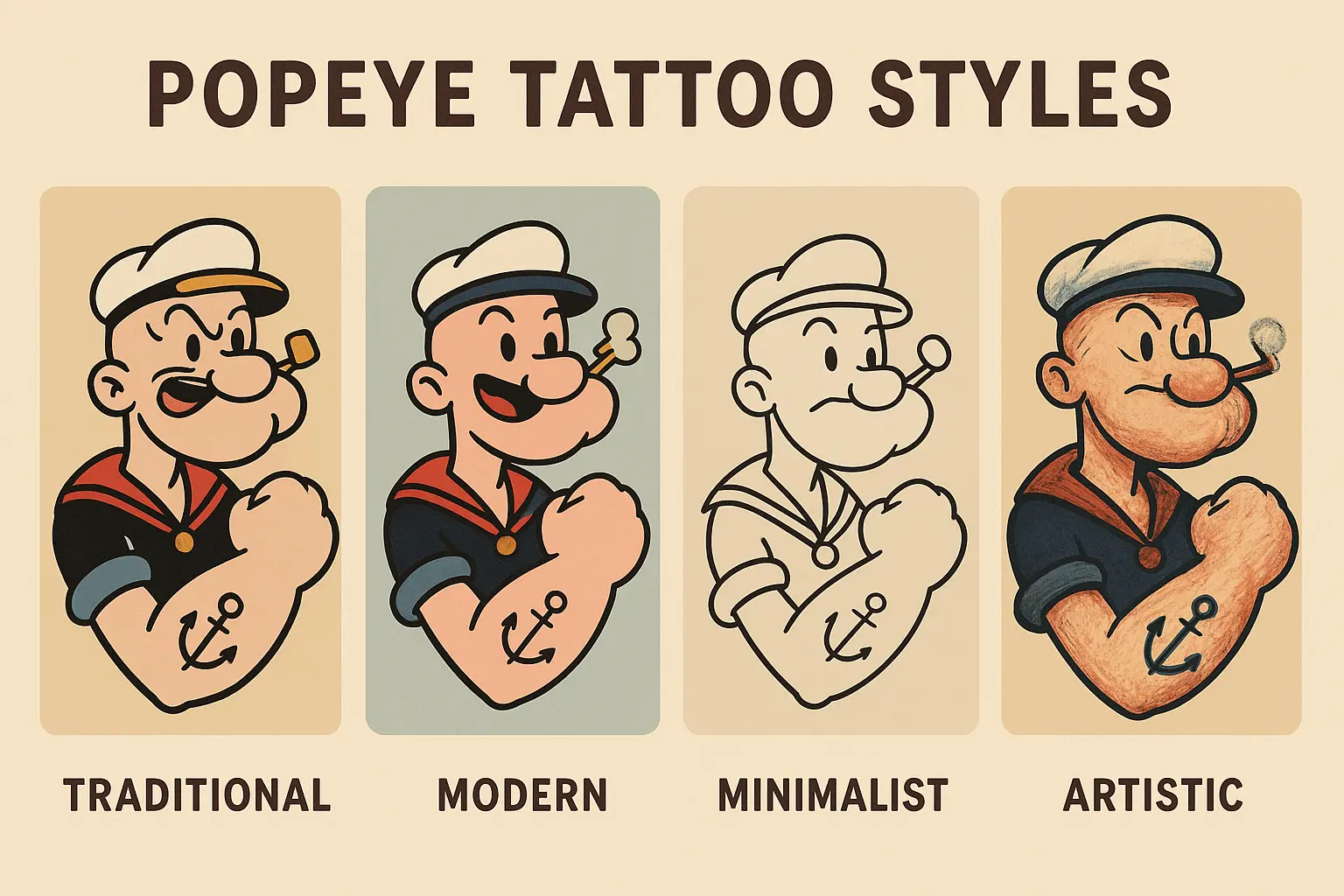 Comparison chart showing different Popeye tattoo design categories and their characteristics