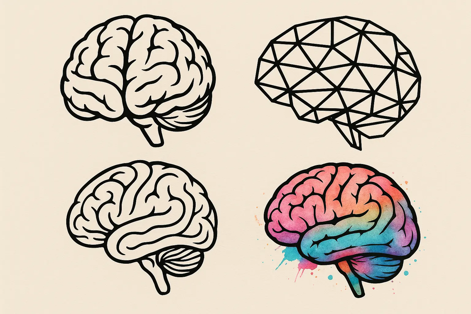 Collection of various brain tattoo designs showcasing different artistic styles
