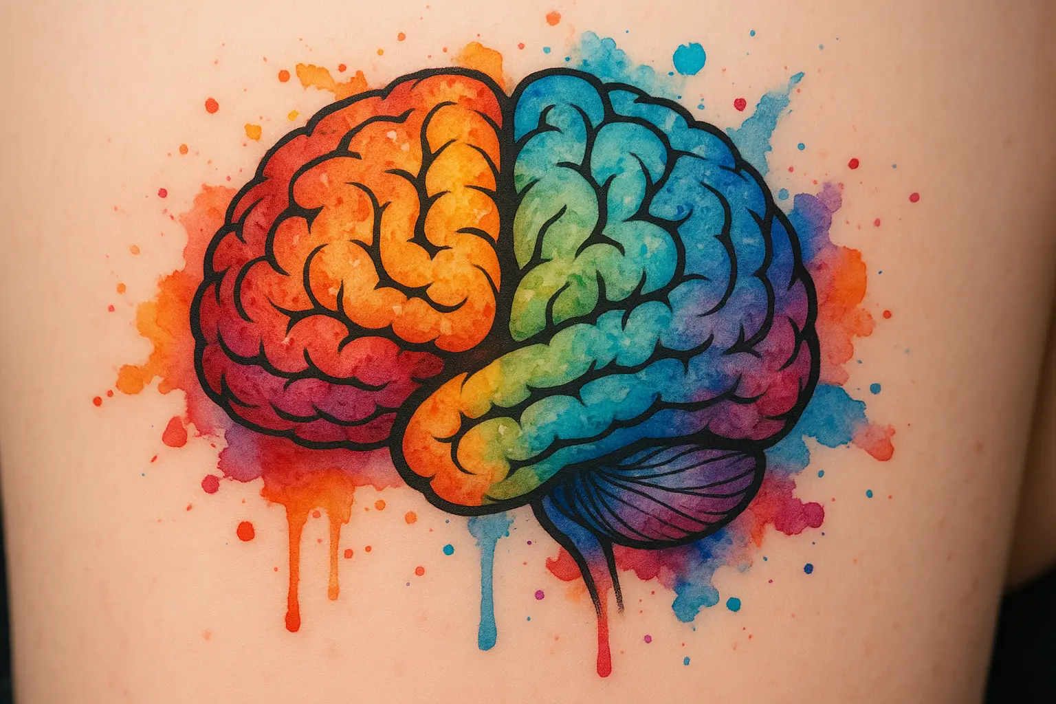 Watercolor brain tattoo with vibrant artistic splashes and flowing colors