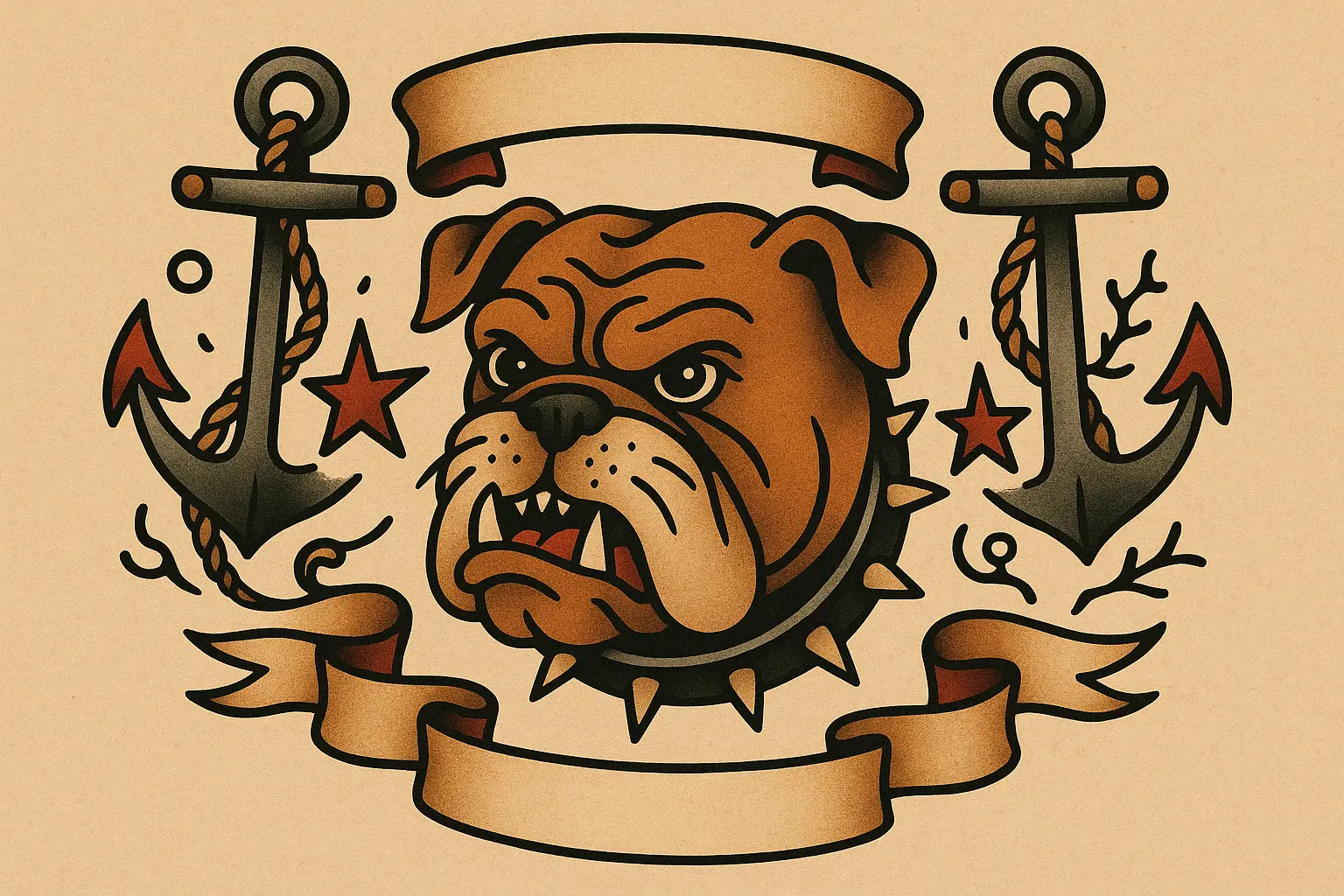 Traditional Sailor Jerry Style Bulldog tattoo with nautical elements