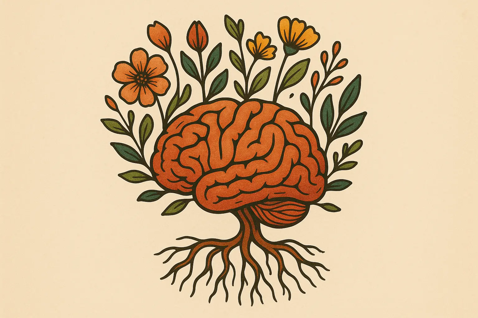 Creative brain tattoo featuring tree roots extending from neural pathways