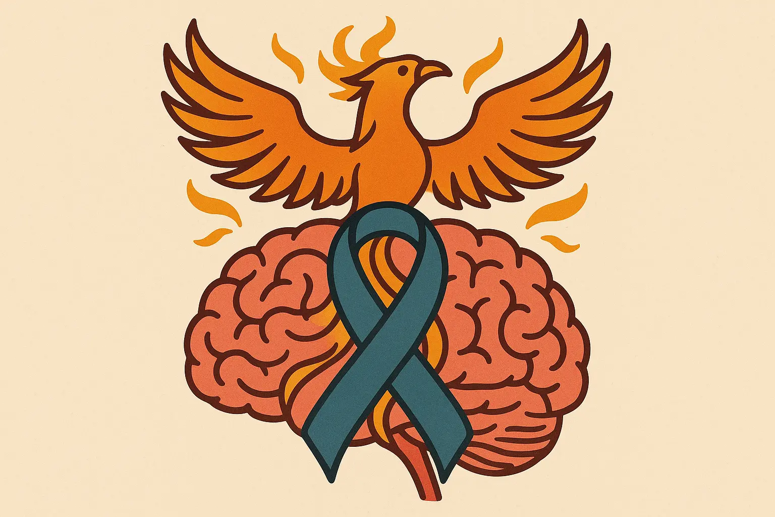 Symbolic brain tattoo with phoenix emerging representing mental health recovery and transformation