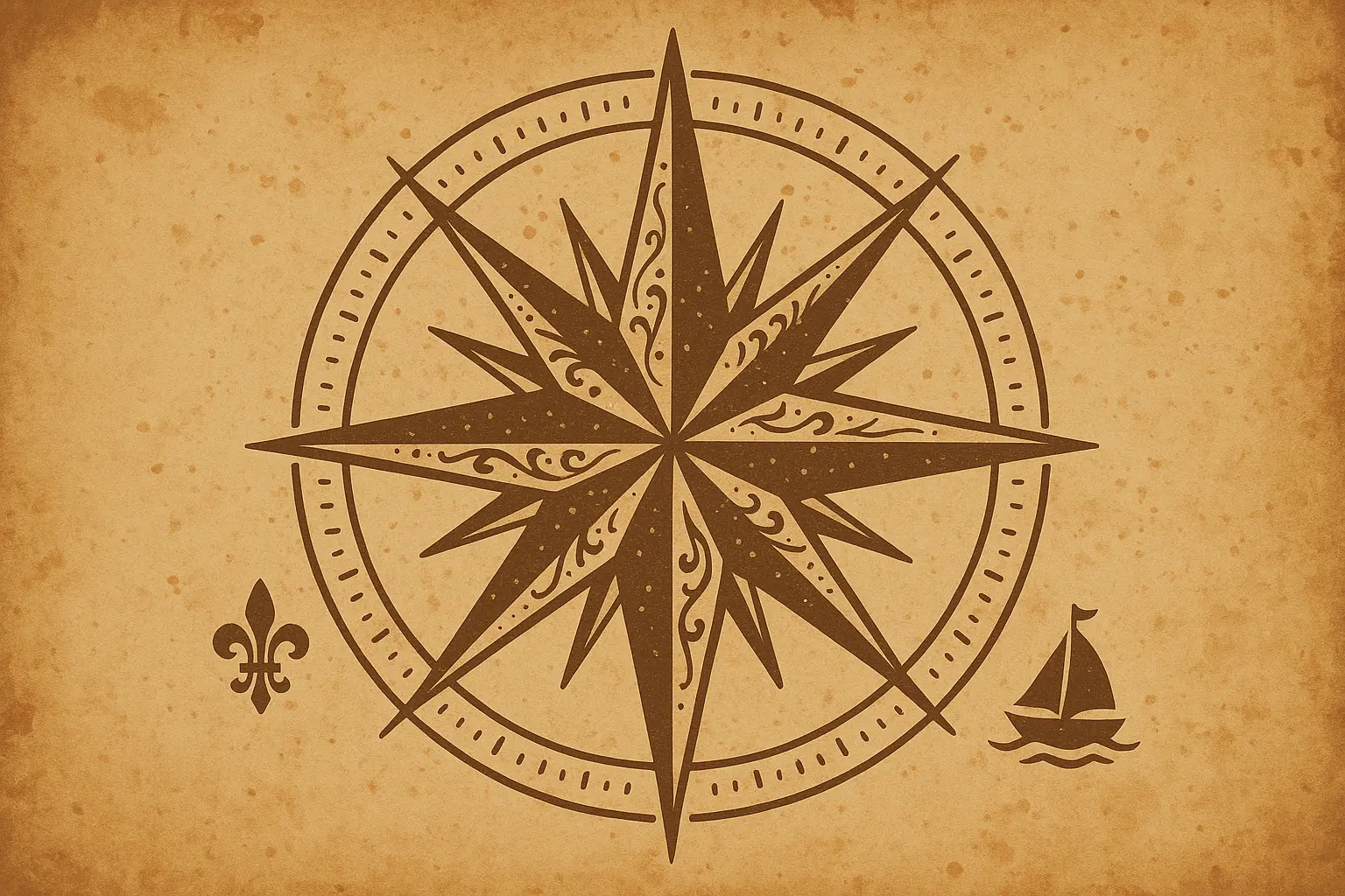 Vintage compass rose tattoo in brown ink