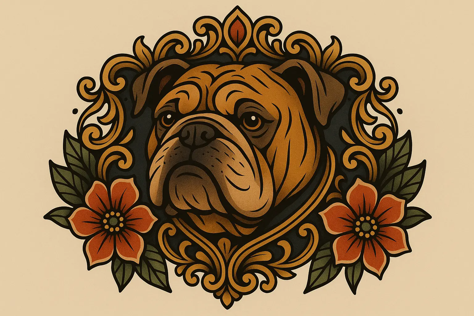 Neo-Traditional Bulldog with Decorative Elements