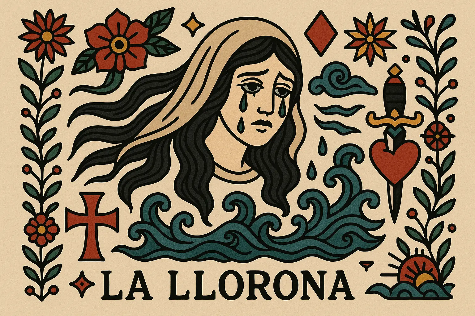 Traditional La Llorona tattoo design elements and symbolism