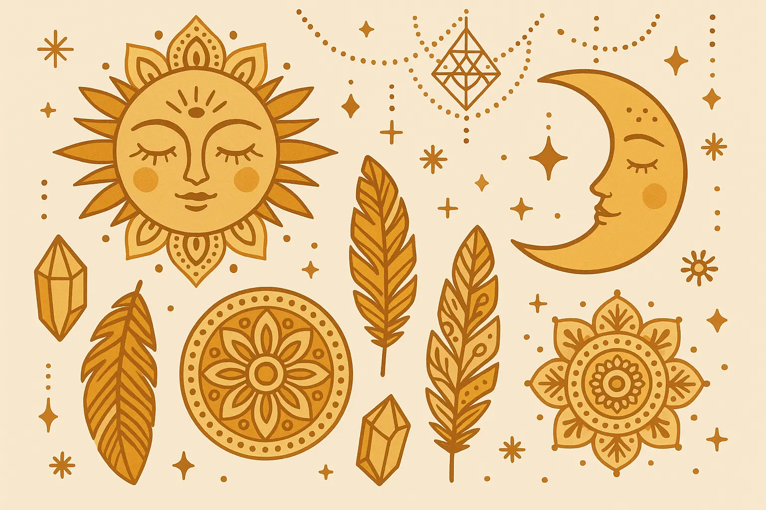 Bohemian sun and moon tattoo design elements