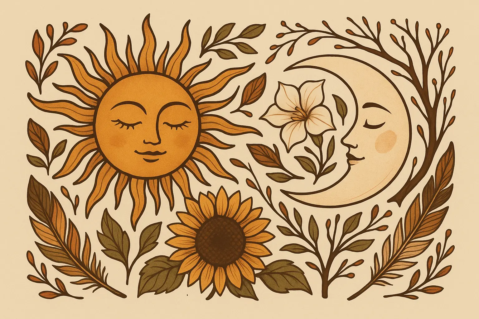 Nature-inspired bohemian celestial tattoo design