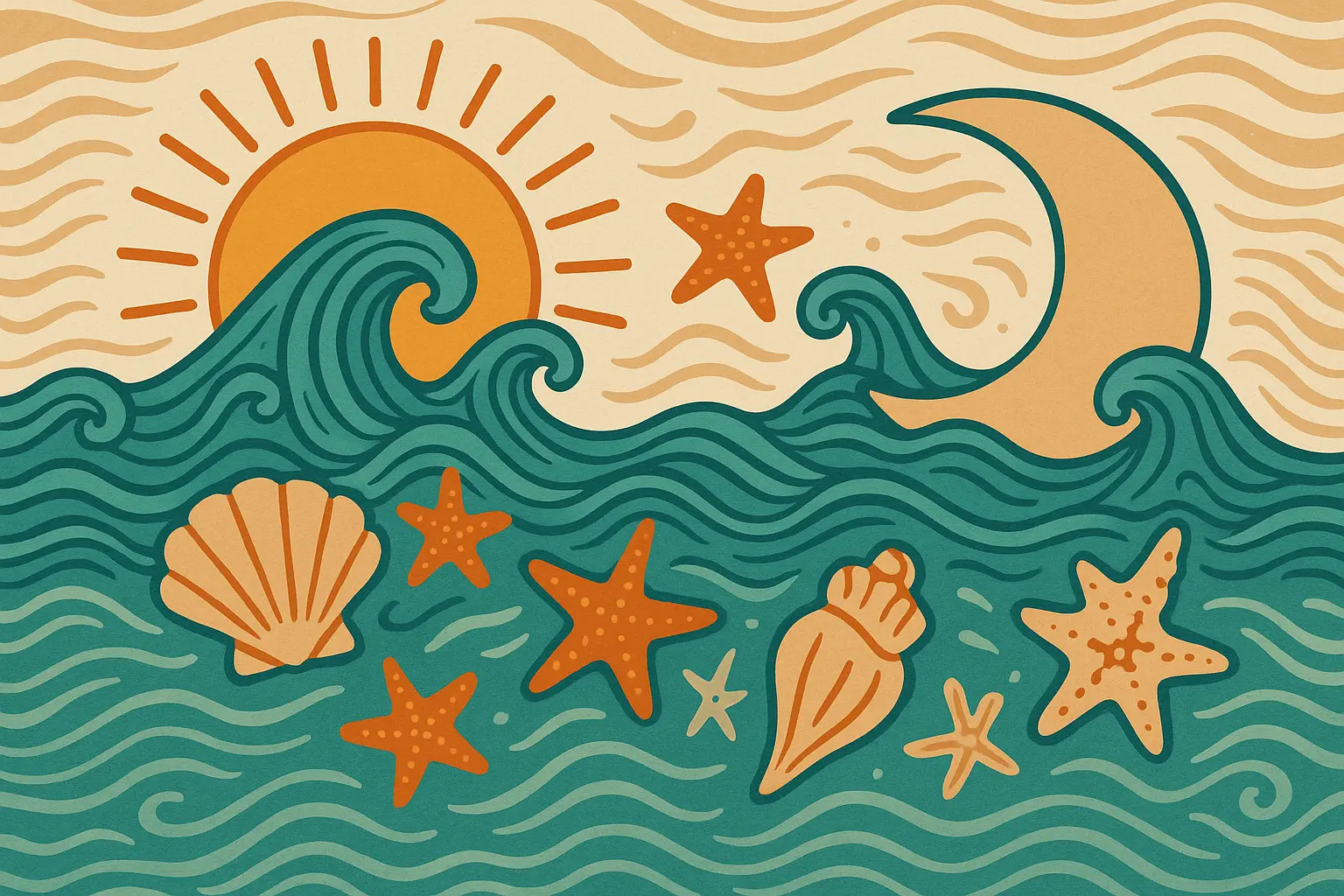Ocean wave sun and moon tattoo design