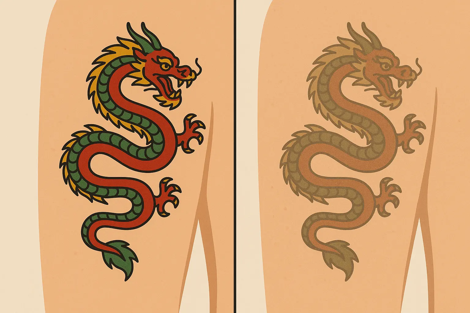 Colorful dragon sleeve tattoo showing vibrant reds and blues