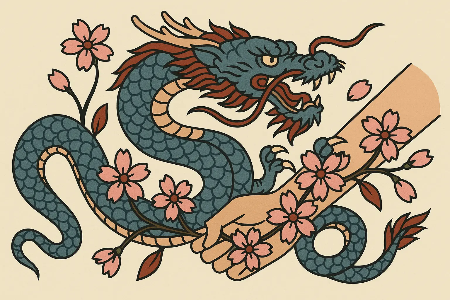 Japanese dragon with cherry blossoms sleeve tattoo design