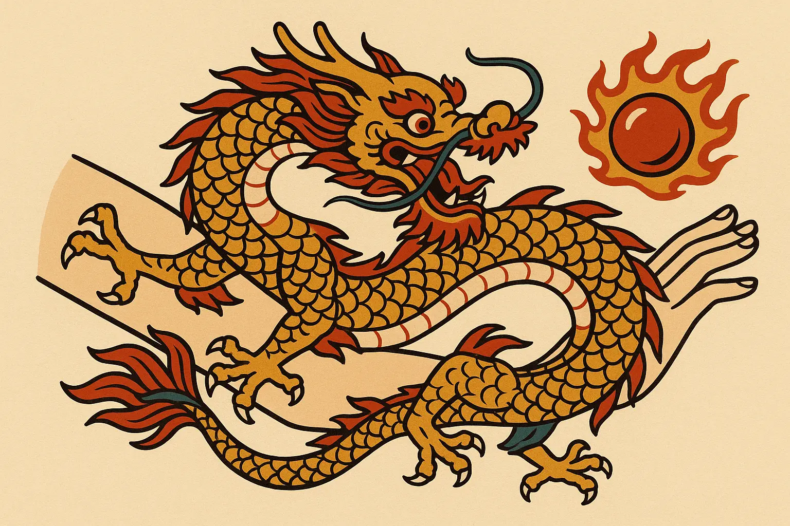 Chinese dragon chasing flaming pearl sleeve tattoo