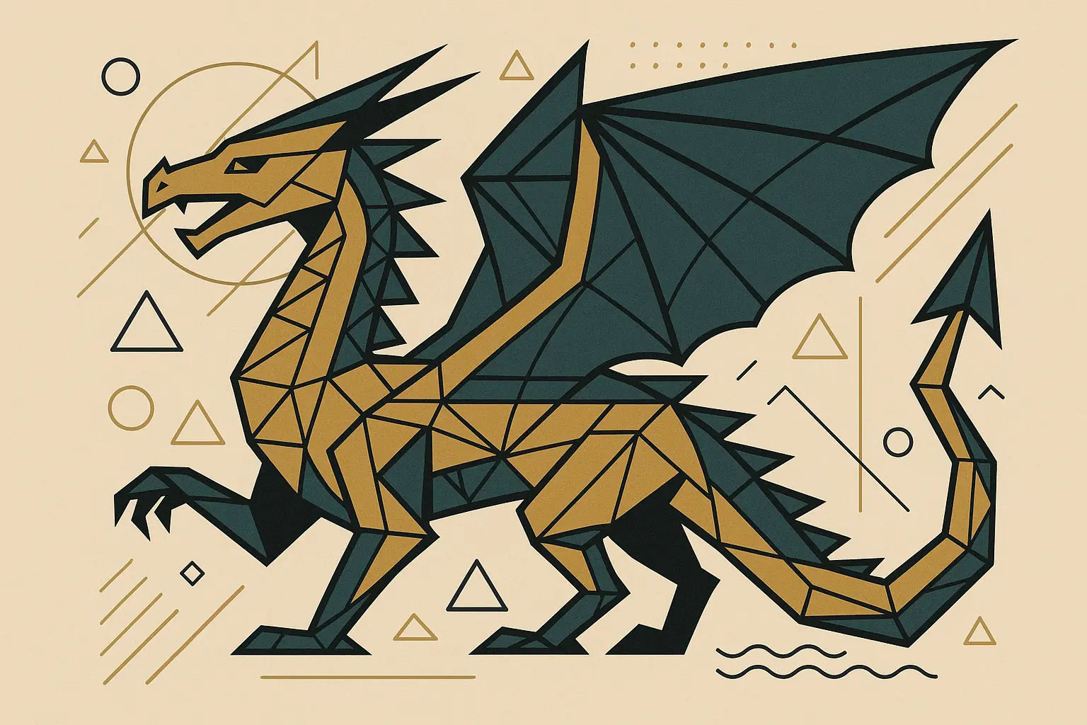 Geometric dragon sleeve tattoo with angular mathematical patterns