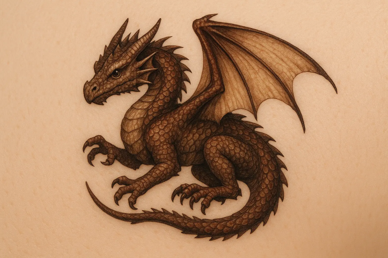 Micro-realistic dragon tattoo with photorealistic detail