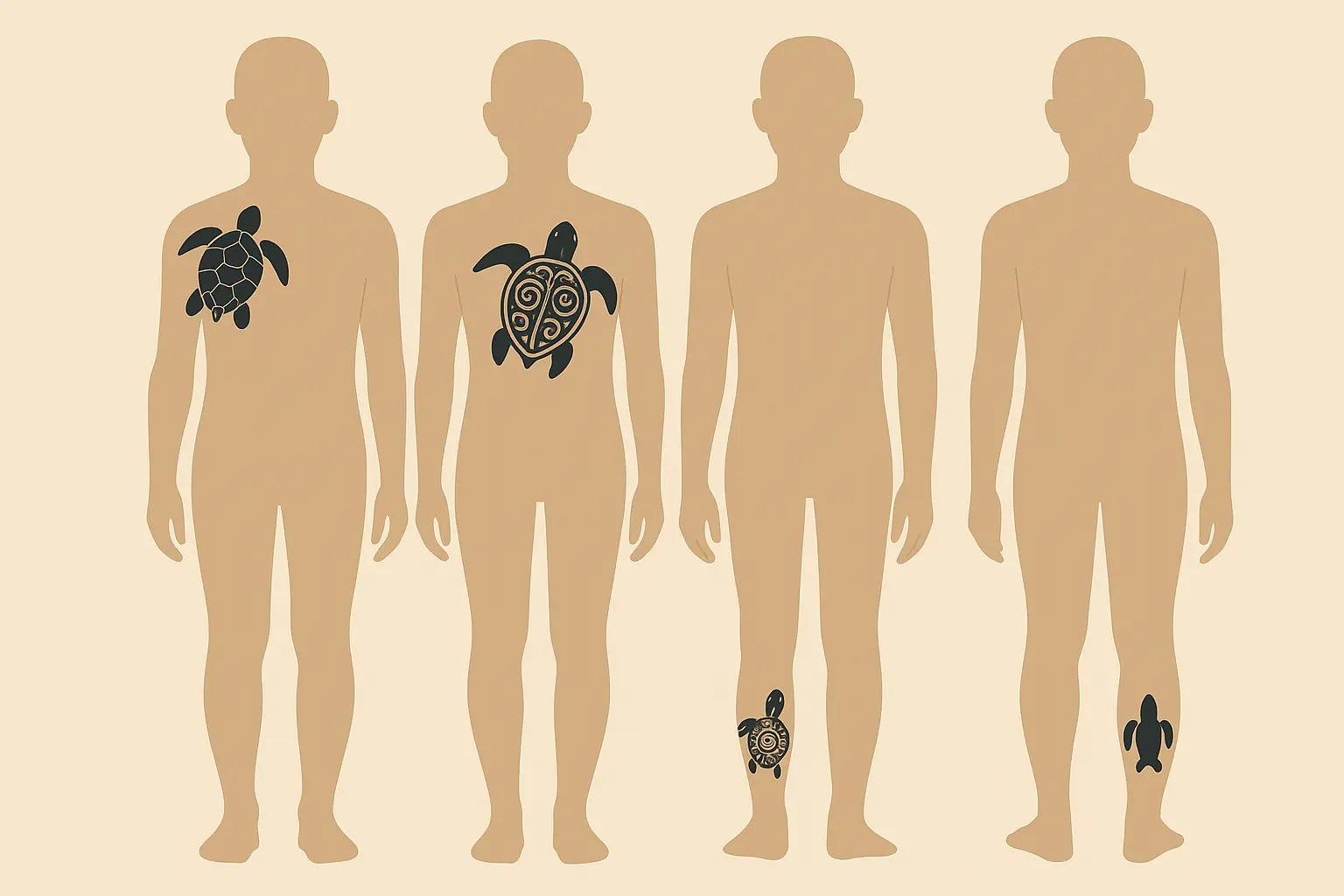 Turtle tattoo placement examples showing different symbolic meanings