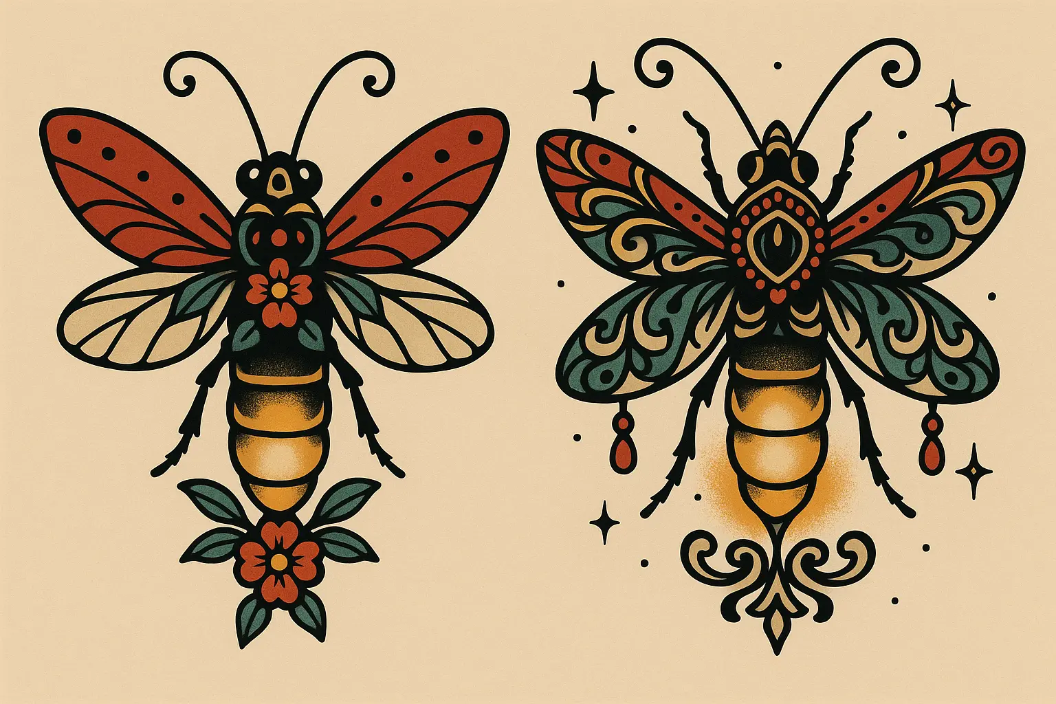 Neo-traditional firefly tattoo with decorative elements