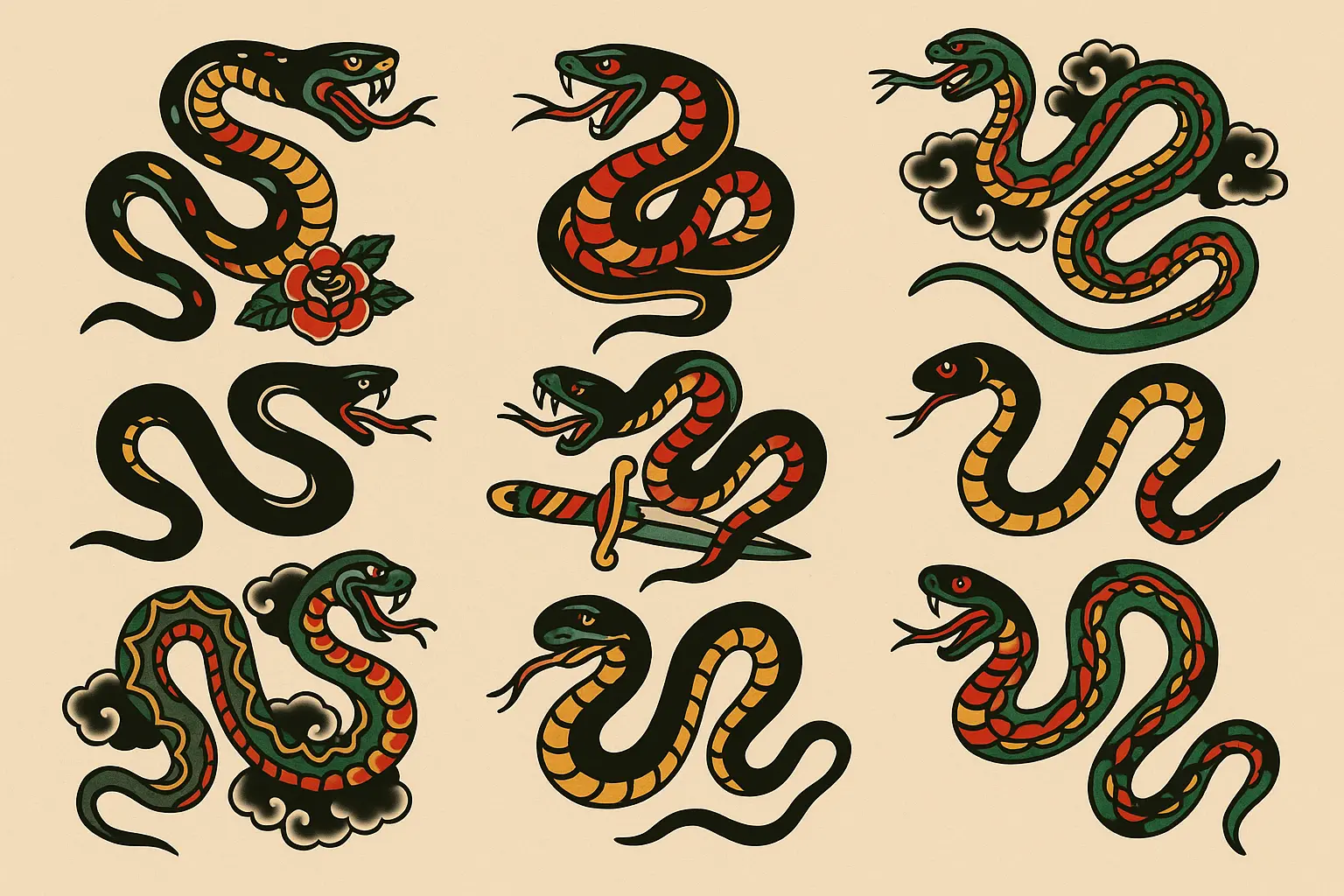 Traditional snake tattoo designs collection