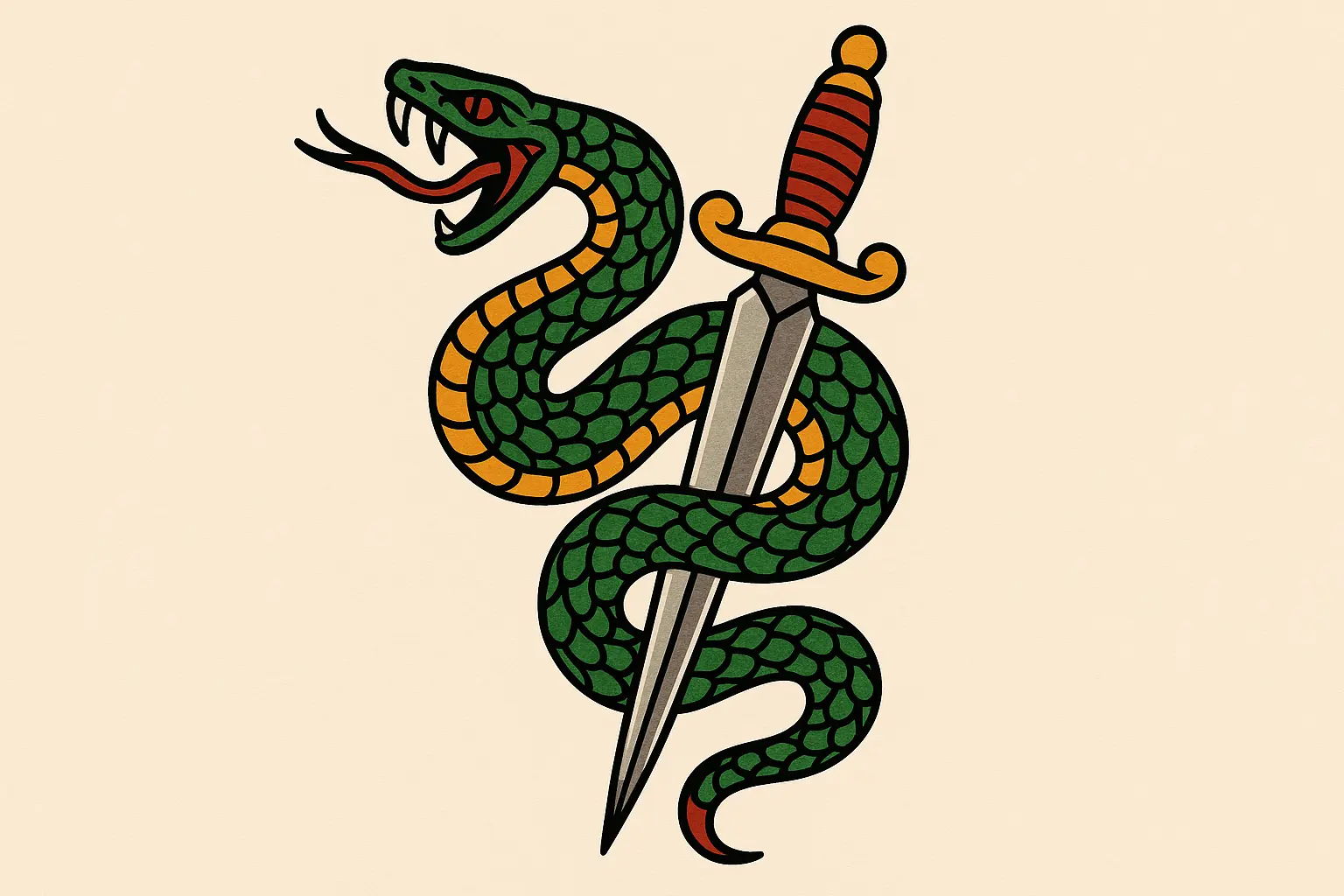 Traditional snake and dagger tattoo combination