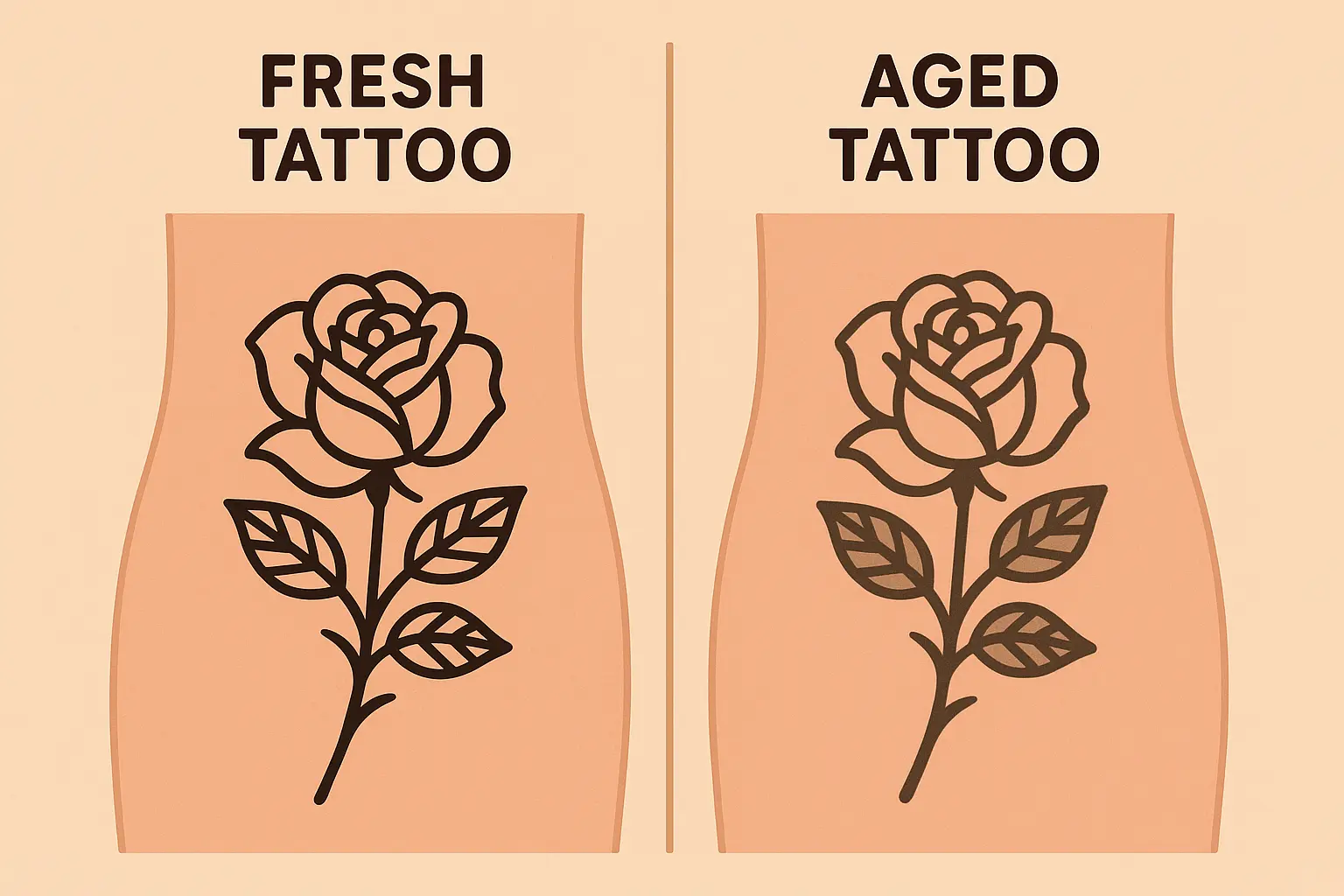 Comparison showing how tattoos age over time with different line weights and detail levels