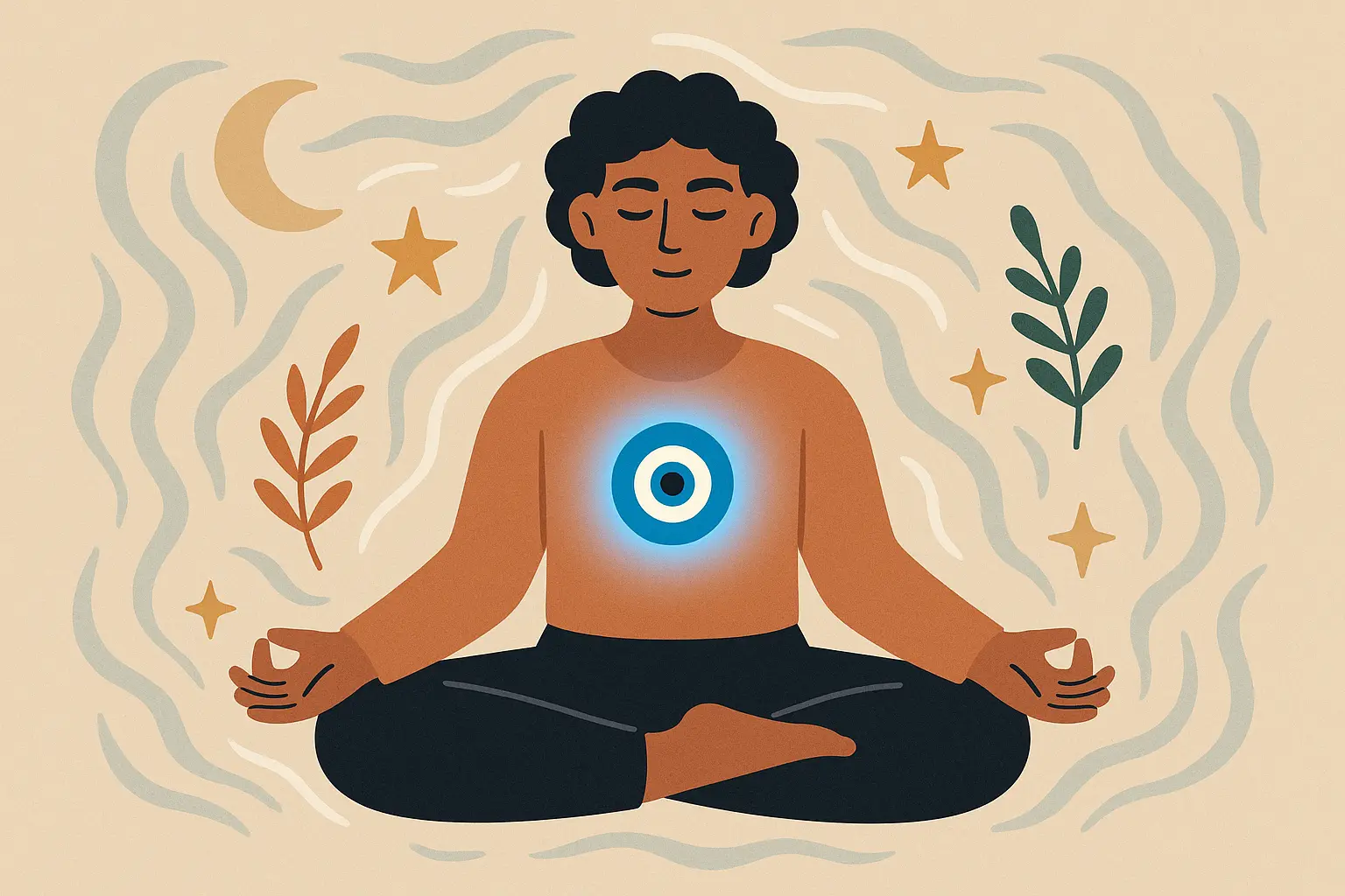Person meditating with focus on evil eye tattoo