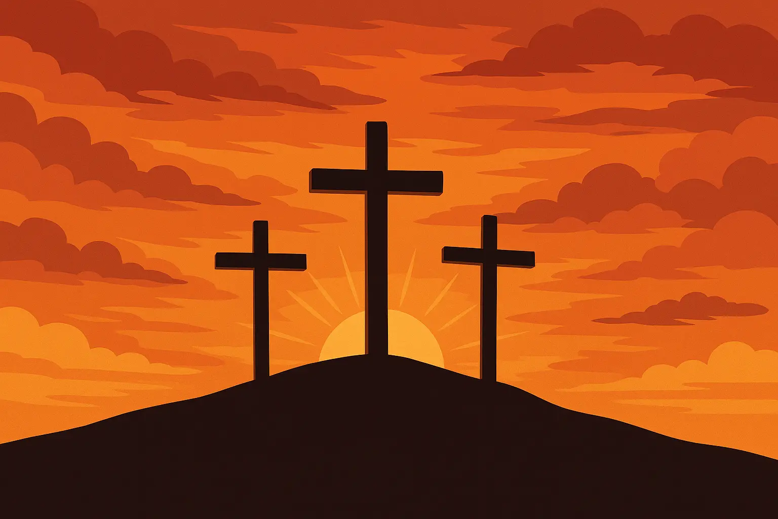 Three crosses silhouetted against sunset sky representing spiritual journey