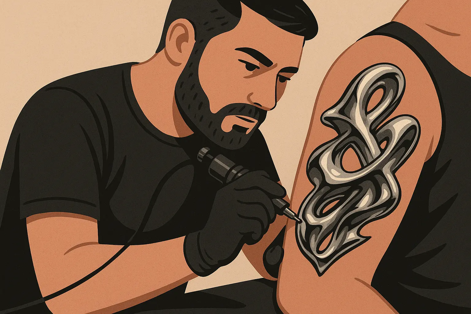 Mechanical chrome tattoo with gear details